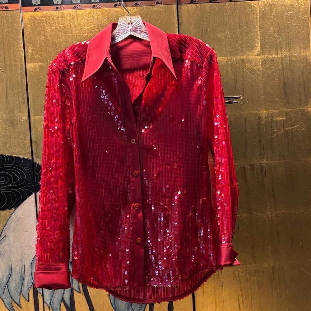Red Sequin Button-Up Shirt
